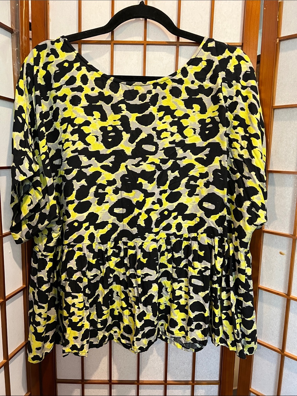 Simply Be Women's Neon Yellow and Black Animal Print Peplum Top 16